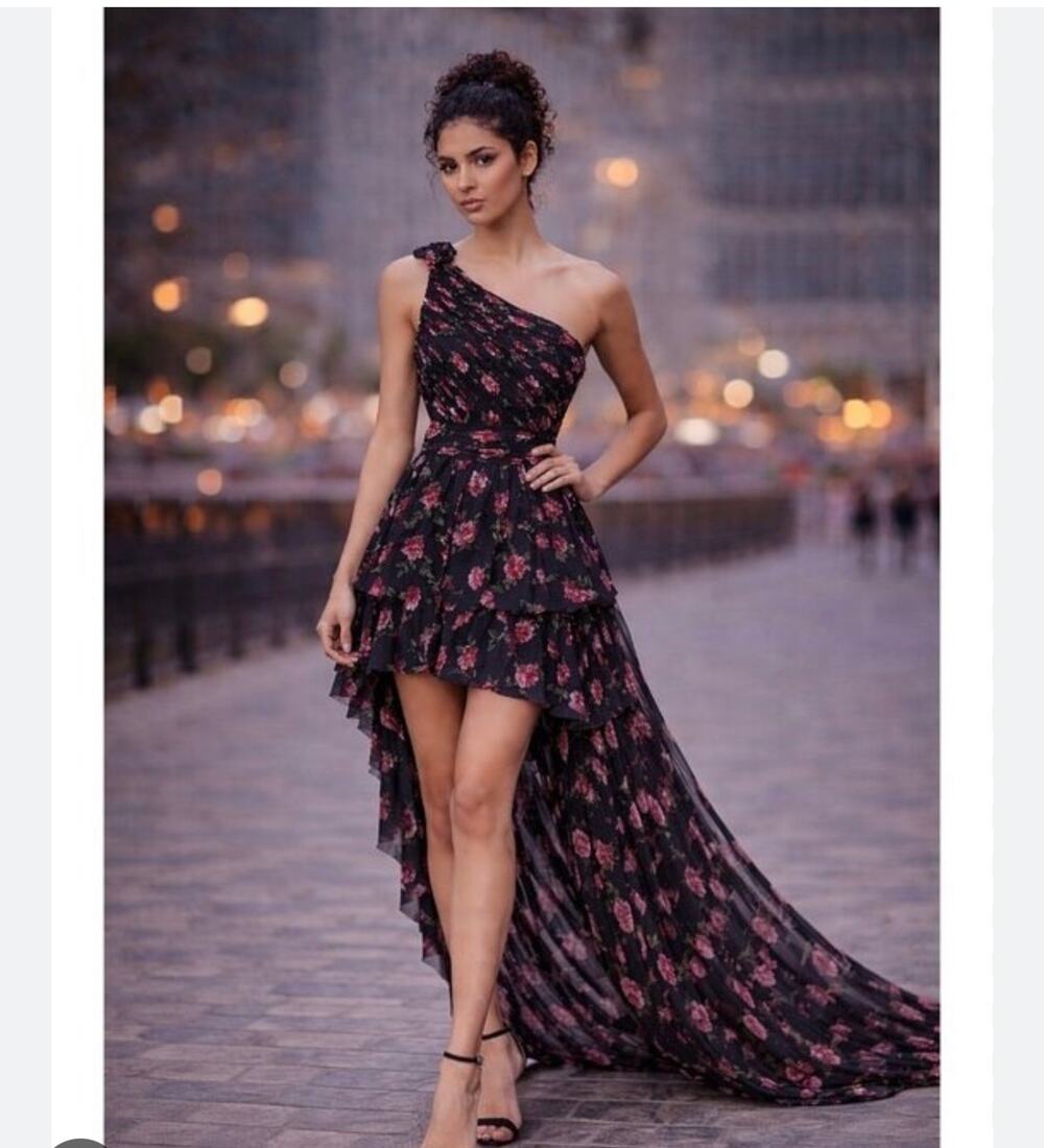 Mac Duggal One shouldered ruffled rose print layered high-low dress Black Multi